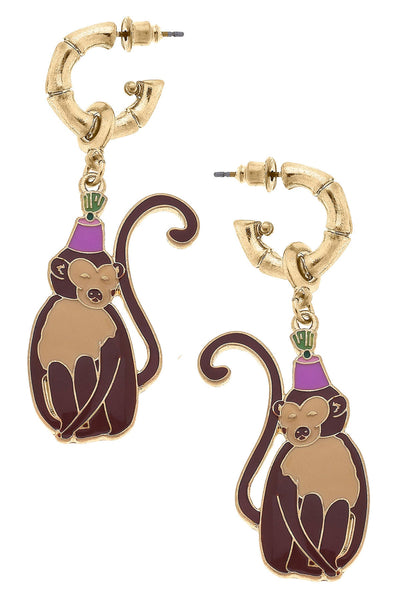 Flora Enamel Monkey Earrings in Brown & Pink
