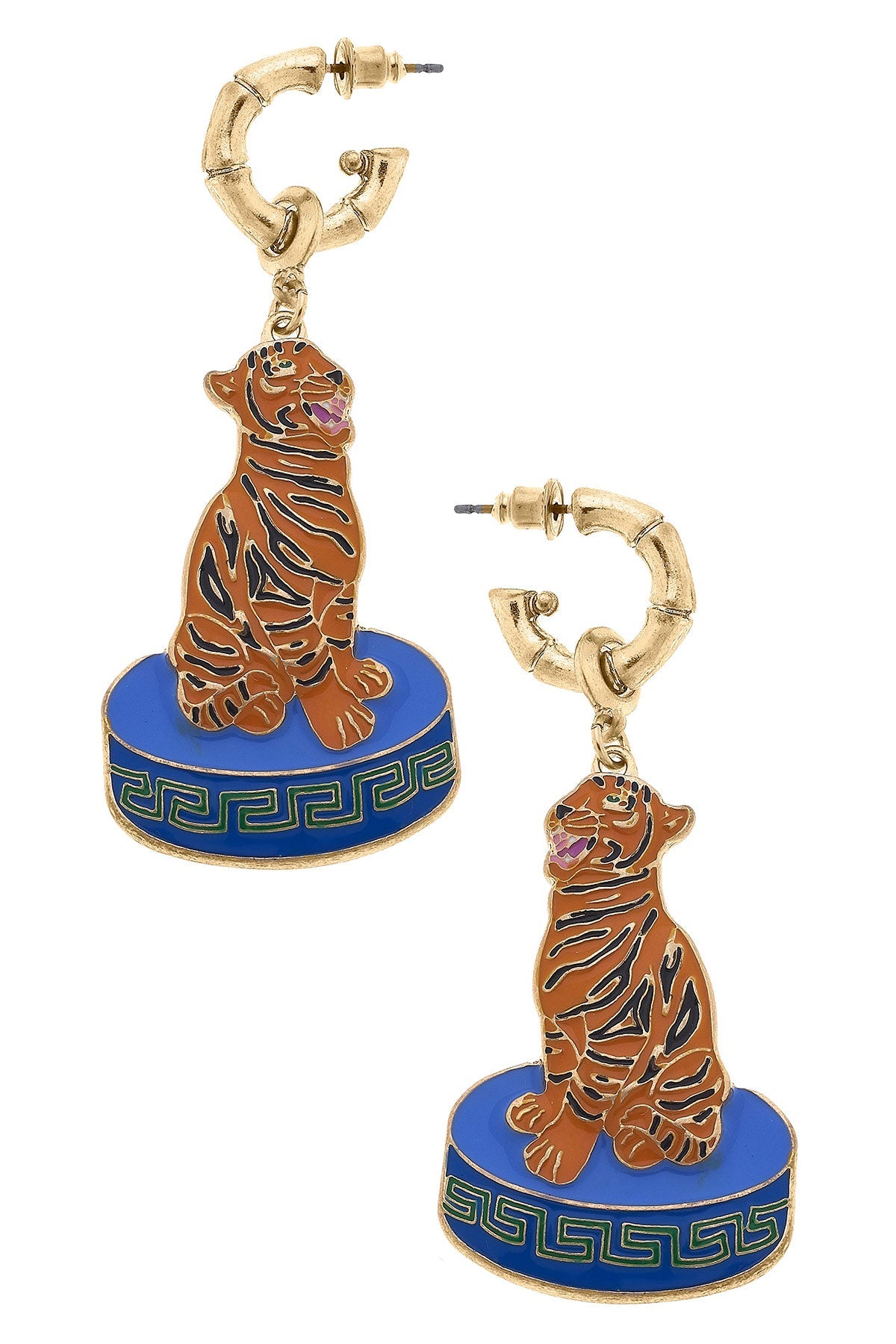 Zion Enamel Tiger Earrings in Orange & Blue