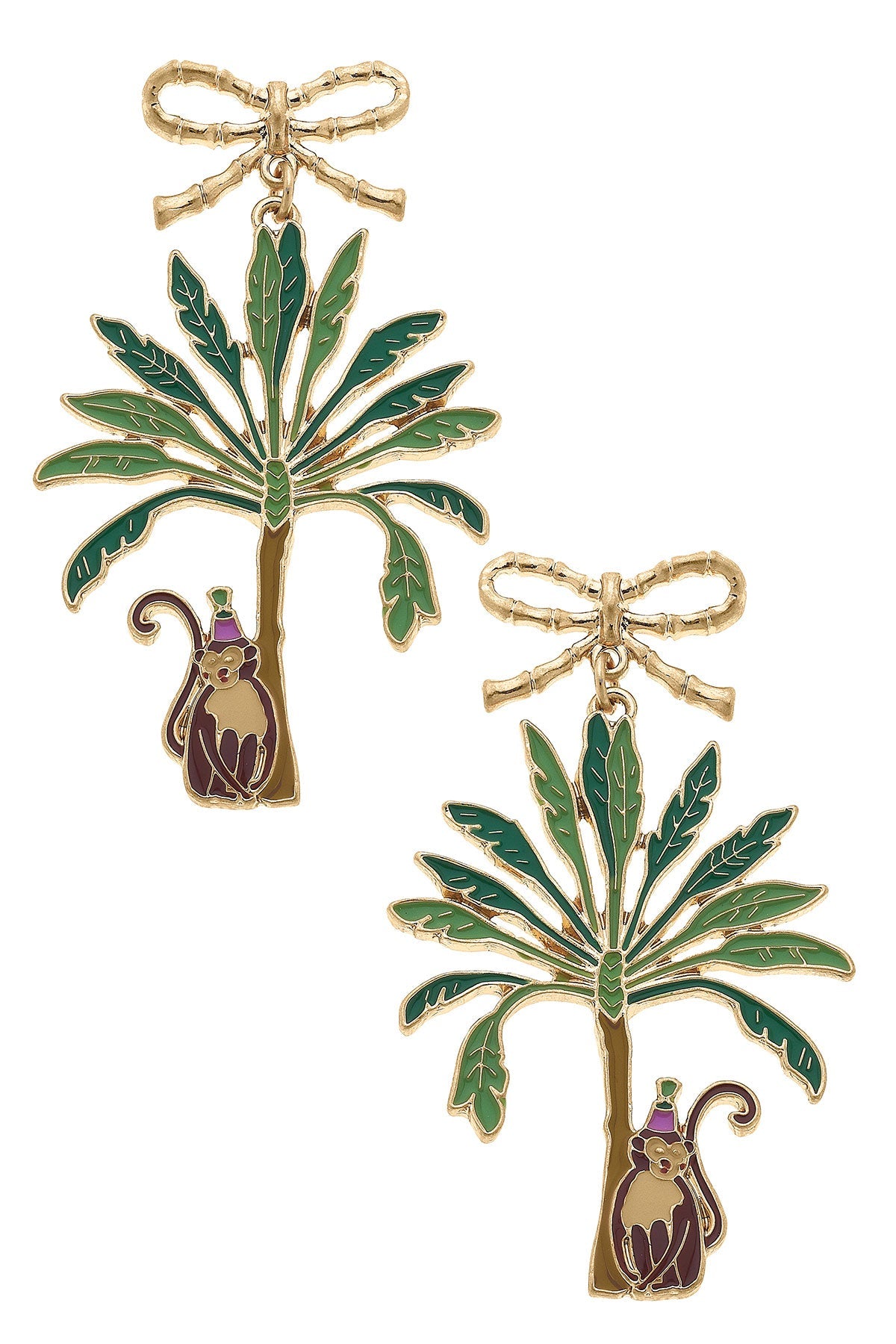 Henley Enamel Monkey with Palm Tree Earrings in Green & Brown