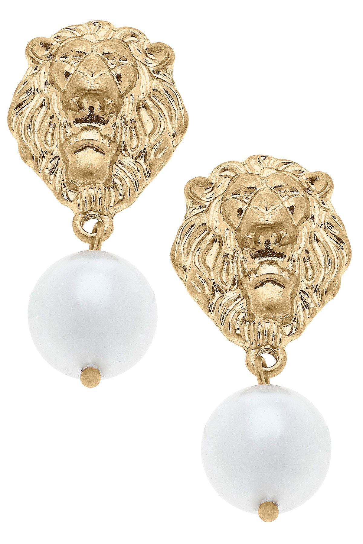 Gloria Lion Head & Pearl Drop Earrings in Worn Gold