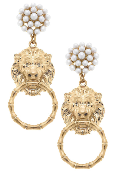 Deanna Pearl Cluster Lion Head Door Knocker Drop Earrings in Worn Gold