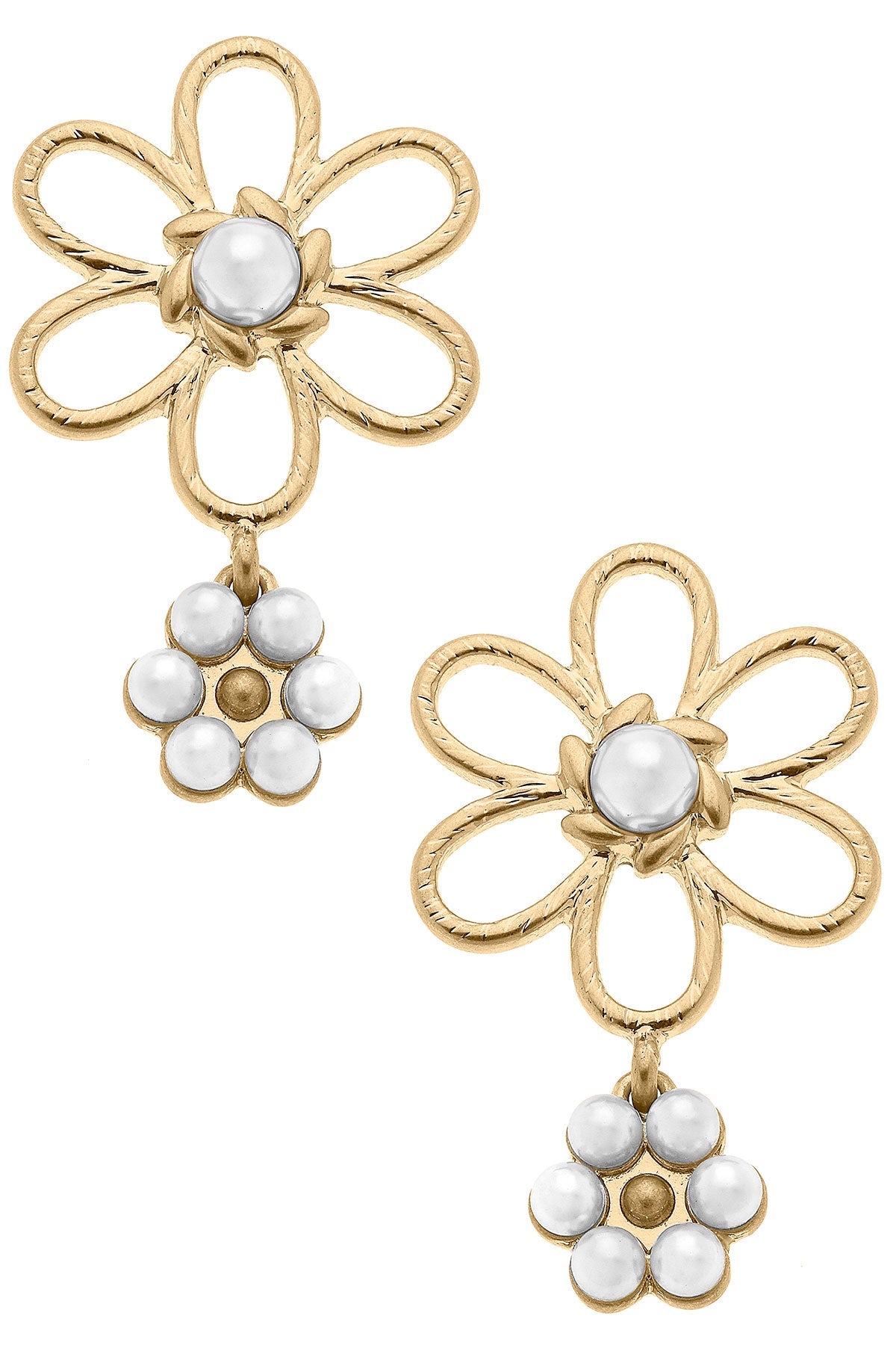 Dannie Pearl Flower Drop Earrings in Ivory & Worn Gold