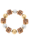 Sheridan Pearl, Wood & Gold Bead Stretch Bracelet in Ivory