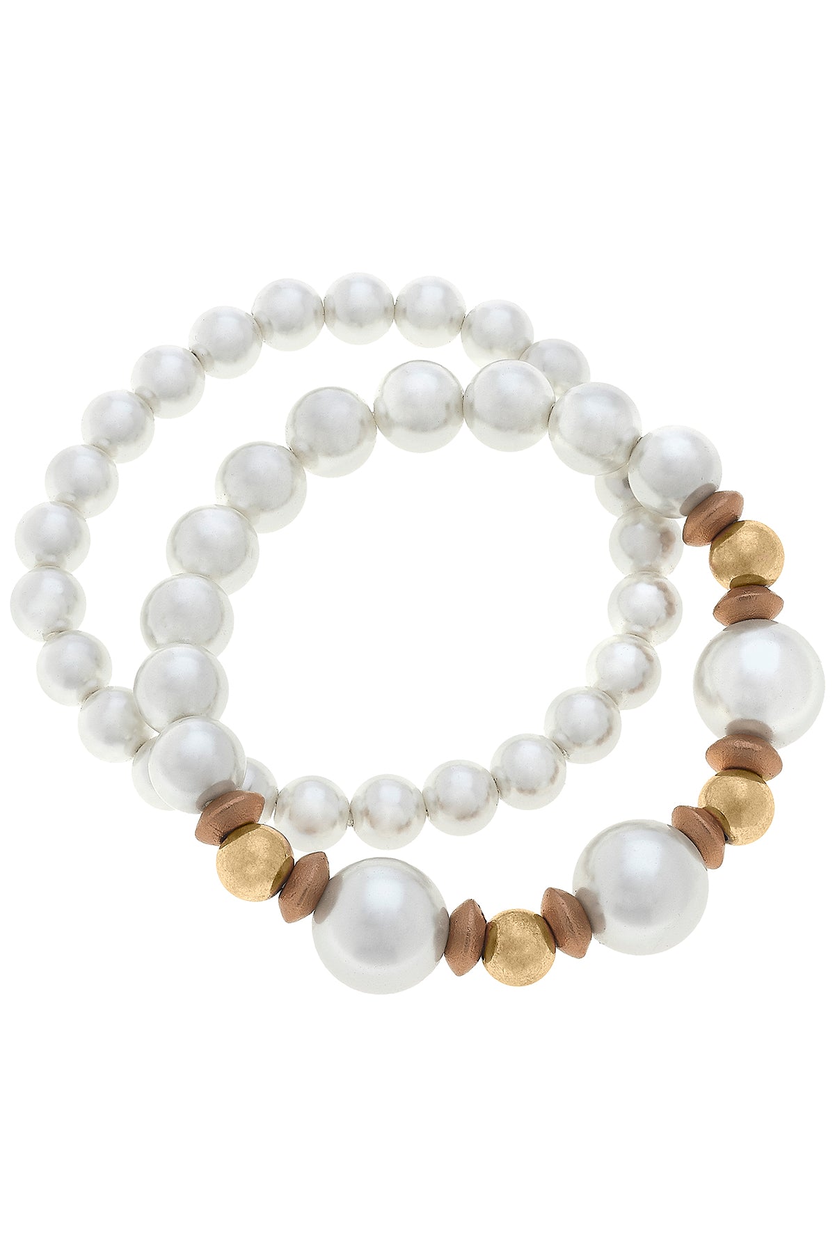 Moira Pearl, Wood & Gold Bead Stretch Bracelet Stack  in Ivory - Set of 2