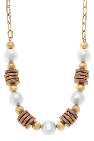 Kalilah Pearl, Wood & Gold Bead Chain Necklace in Worn Gold