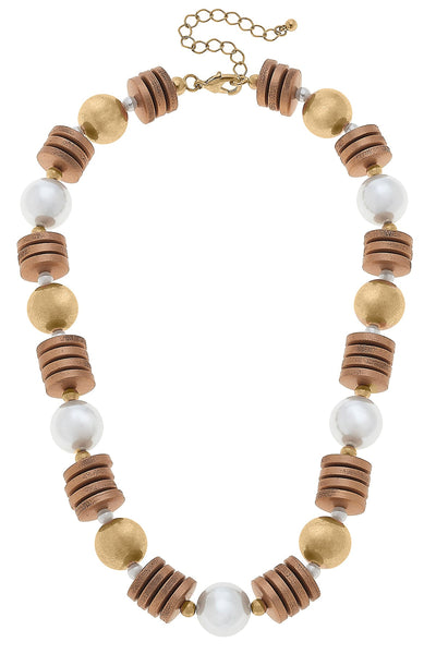 Sheridan Pearl, Wood & Gold Bead Statement Necklace in Ivory