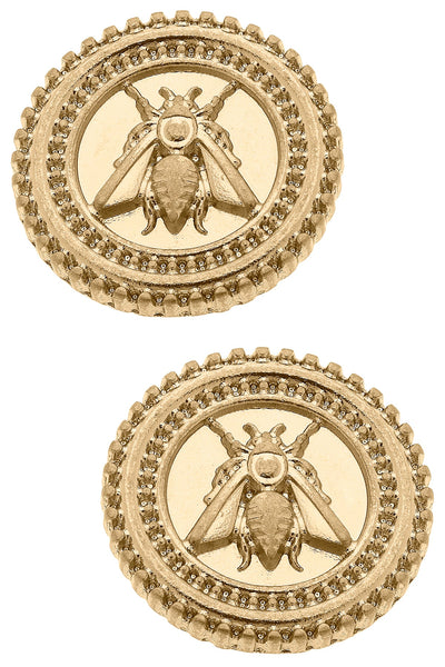 Lizette Bee Medallion Stud Earrings in Worn Gold