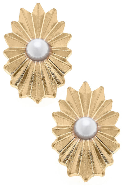 Bijou Sunburst Rosette & Pearl Stud Earrings in Worn Gold