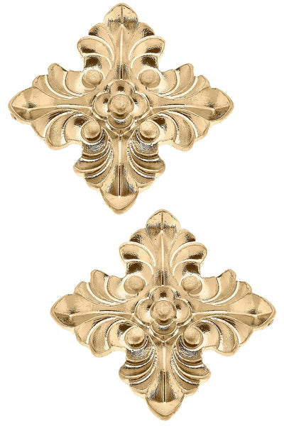 Nicola Acanthus Cross Stud Earrings in Worn Gold
