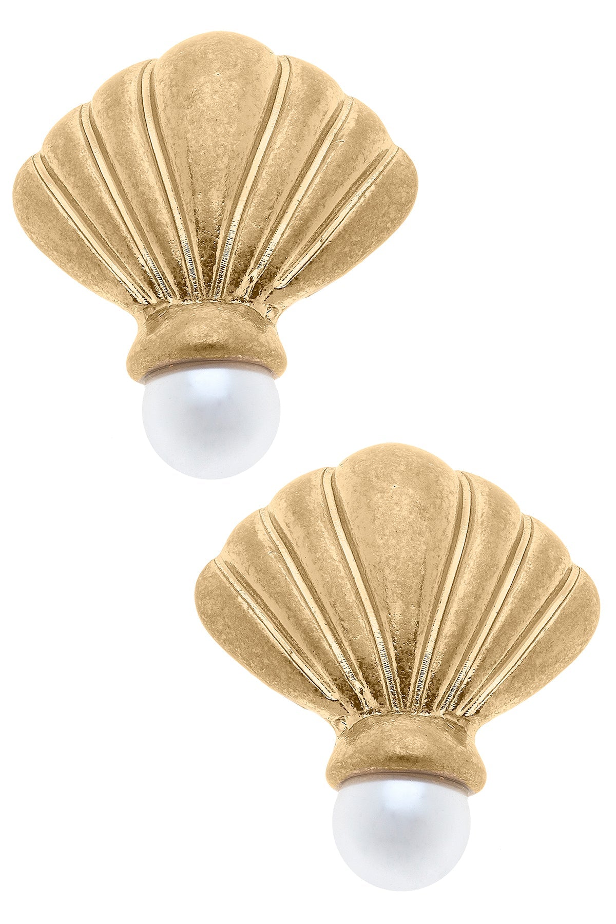 Georgette Coquille Scallop Shell & Pearl Stud Earrings in Worn Gold
