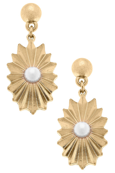 Monique Sunburst Rosette & Pearl Drop Earrings in Worn Gold