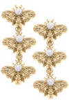 Martine Bee & Pearl Triple Drop Earrings in Worn Gold