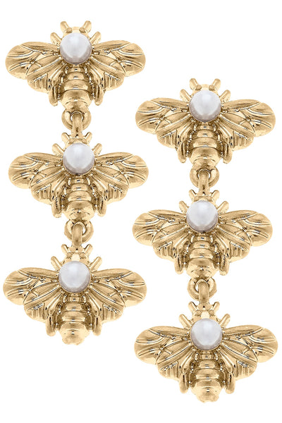 Martine Bee & Pearl Triple Drop Earrings in Worn Gold