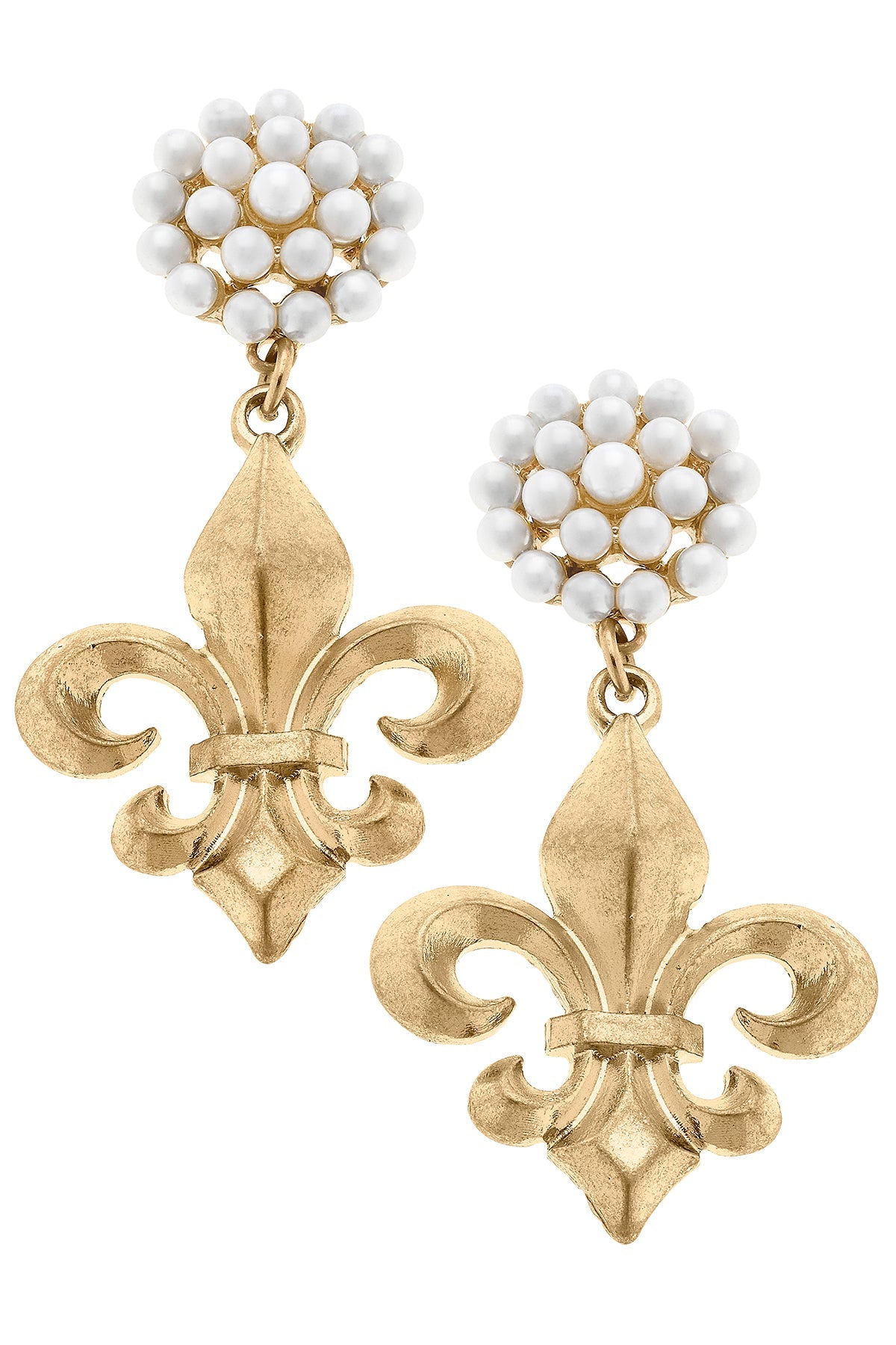 Manon Bourbon Fleur de Lis & Pearl Cluster Drop Earrings in Worn Gold
