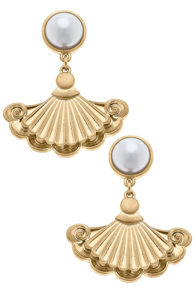 Suz French Fan & Pearl Drop Earrings in Worn Gold
