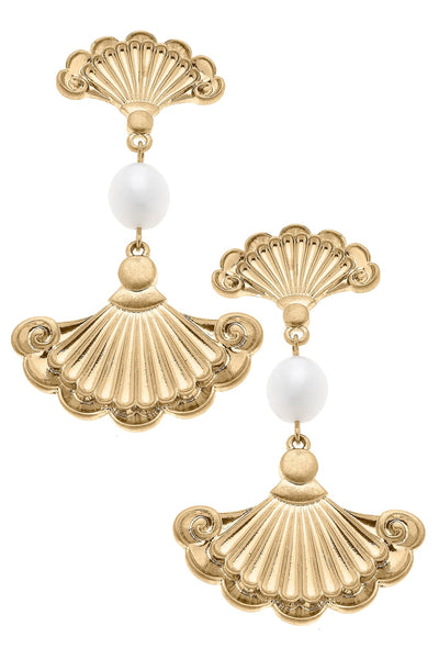 Chanel French Fan & Pearl Statement Earrings in Worn Gold
