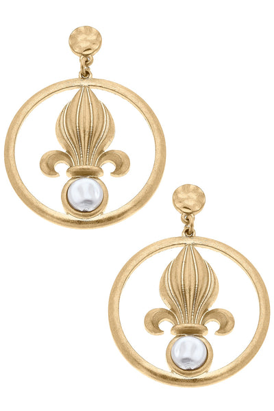 Acadia Fleur de Lis & Pearl Drop Earrings in Worn Gold