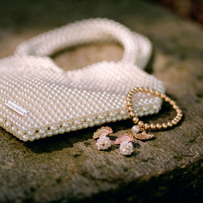 Elaine French Fan & Pearl Cluster Drop Earrings in Worn Gold
