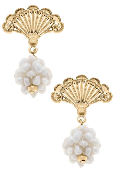 Elaine French Fan & Pearl Cluster Drop Earrings in Worn Gold