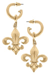 Lourdes Bourbon Fleur de Lis Drop Hoop Earrings in Worn Gold