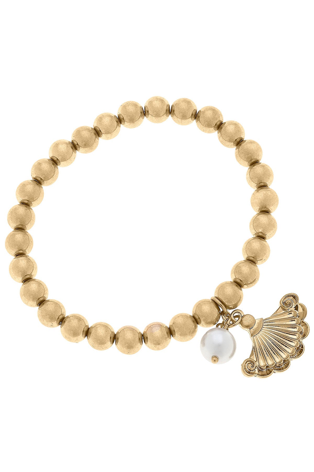 Brigitte French Fan & Pearl Charm Ball Bead Stretch Bracelet in Worn Gold