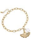 Yvonne French Fan & Pearl Charm Chain Bracelet in Worn Gold