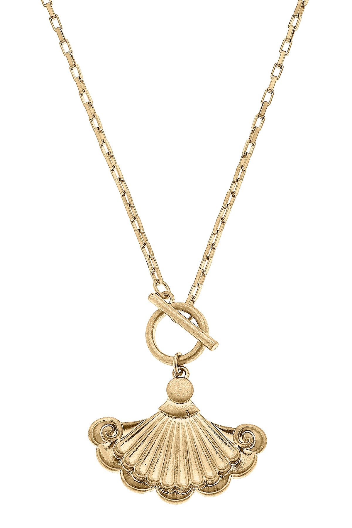 InÃ¨s French Fan Pendant T-Bar Necklace in Worn Gold