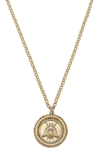 Lizette Bee Medallion Pendant Necklace in Worn Gold