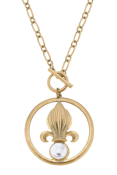 Acadia Fleur de Lis & Pearl Pendant T-Bar Necklace in Worn Gold