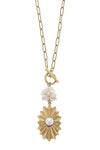 Bijou Sunburst Rosette & Pearl Cluster Pendant T-Bar Necklace in Worn Gold