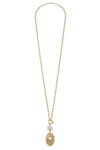 Bijou Sunburst Rosette & Pearl Cluster Pendant T-Bar Necklace in Worn Gold