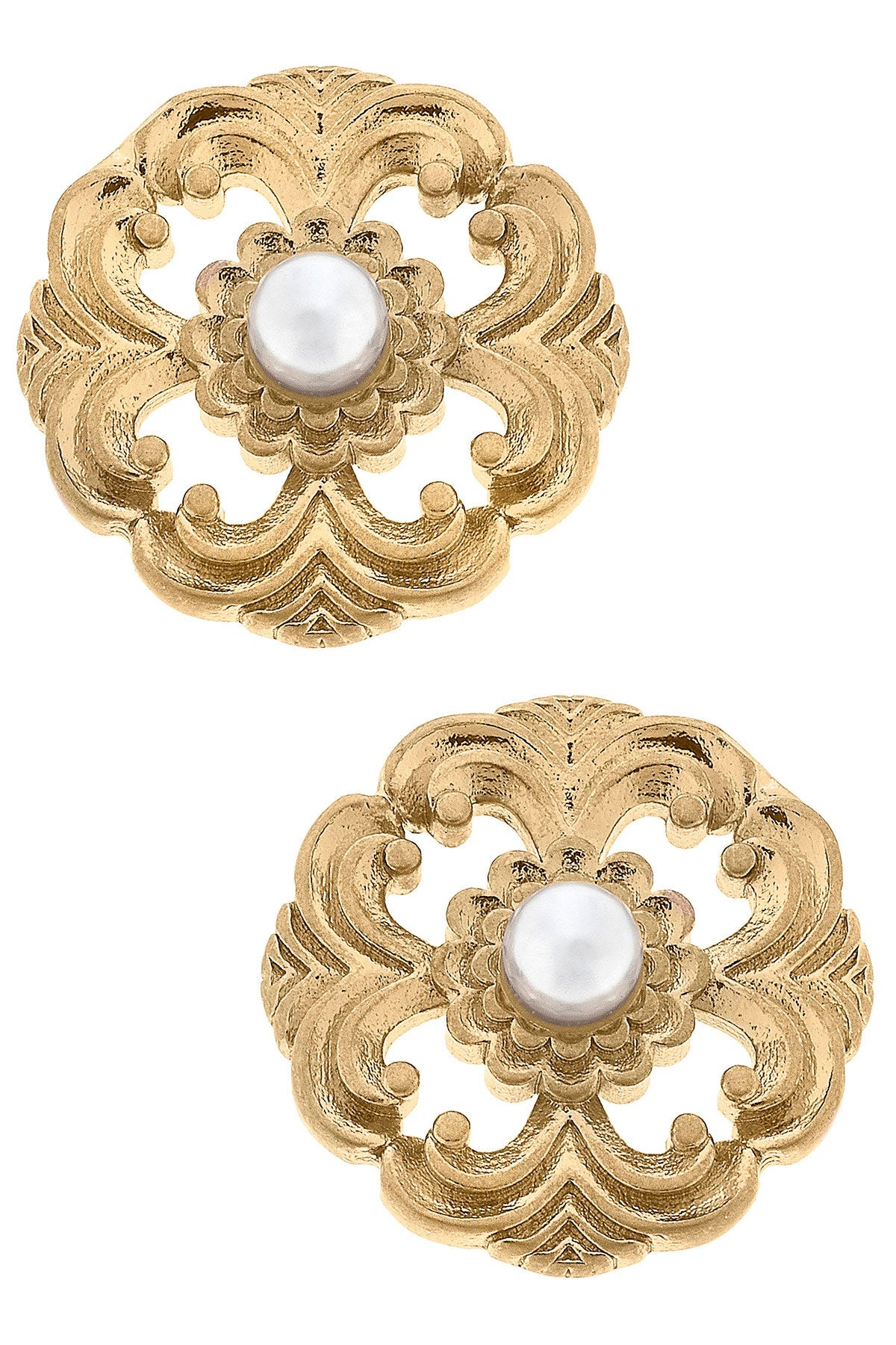 Marguerite Acanthus & Pearl Stud Earrings in Worn Gold