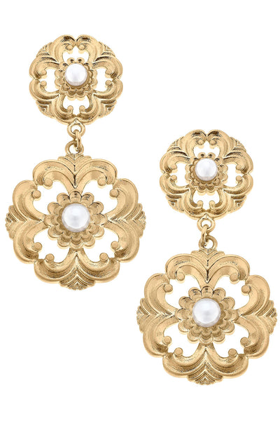 Marguerite Acanthus & Pearl Drop Earrings in Worn Gold