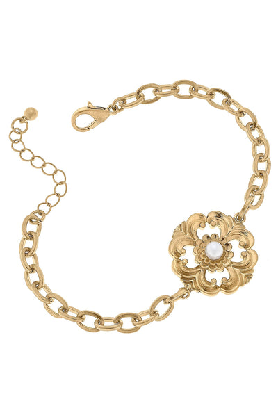 Orleans Acanthus & Pearl Chain Bracelet in Worn Gold