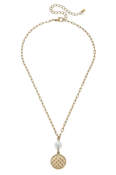 Andee Pearl & Quilted Metal Disc Charm Necklace in Worn Gold
