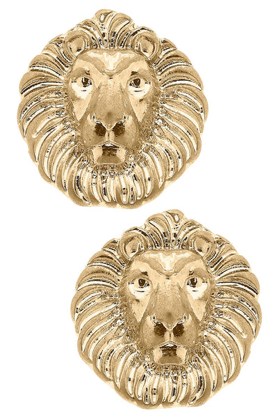Louise Lion Head Stud Earrings in Worn Gold