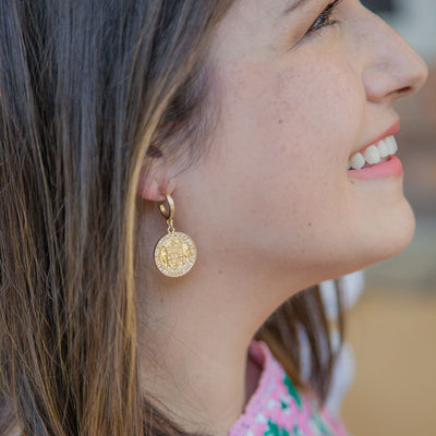 CANVAS Style x MaryCatherineStudio French Coin Drop Hoop Earrings in Worn Gold