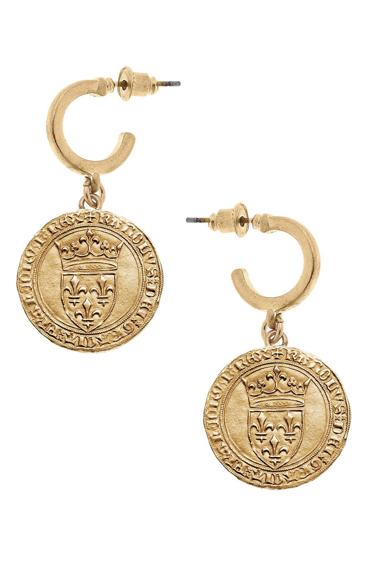 CANVAS Style x MaryCatherineStudio French Coin Drop Hoop Earrings in Worn Gold