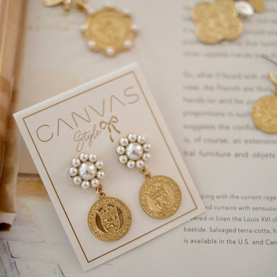 CANVAS Style x MaryCatherineStudio French Coin Pearl Drop Earrings in Worn Gold