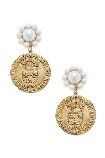 CANVAS Style x MaryCatherineStudio French Coin Pearl Drop Earrings in Worn Gold