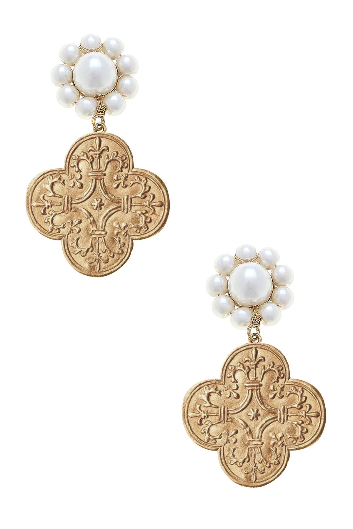 CANVAS Style x MaryCatherineStudio French Quatrefoil Pearl Drop Earrings in Worn Gold