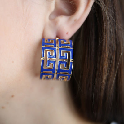Brennan Game Day Greek Keys Enamel Hoop Earrings in Blue