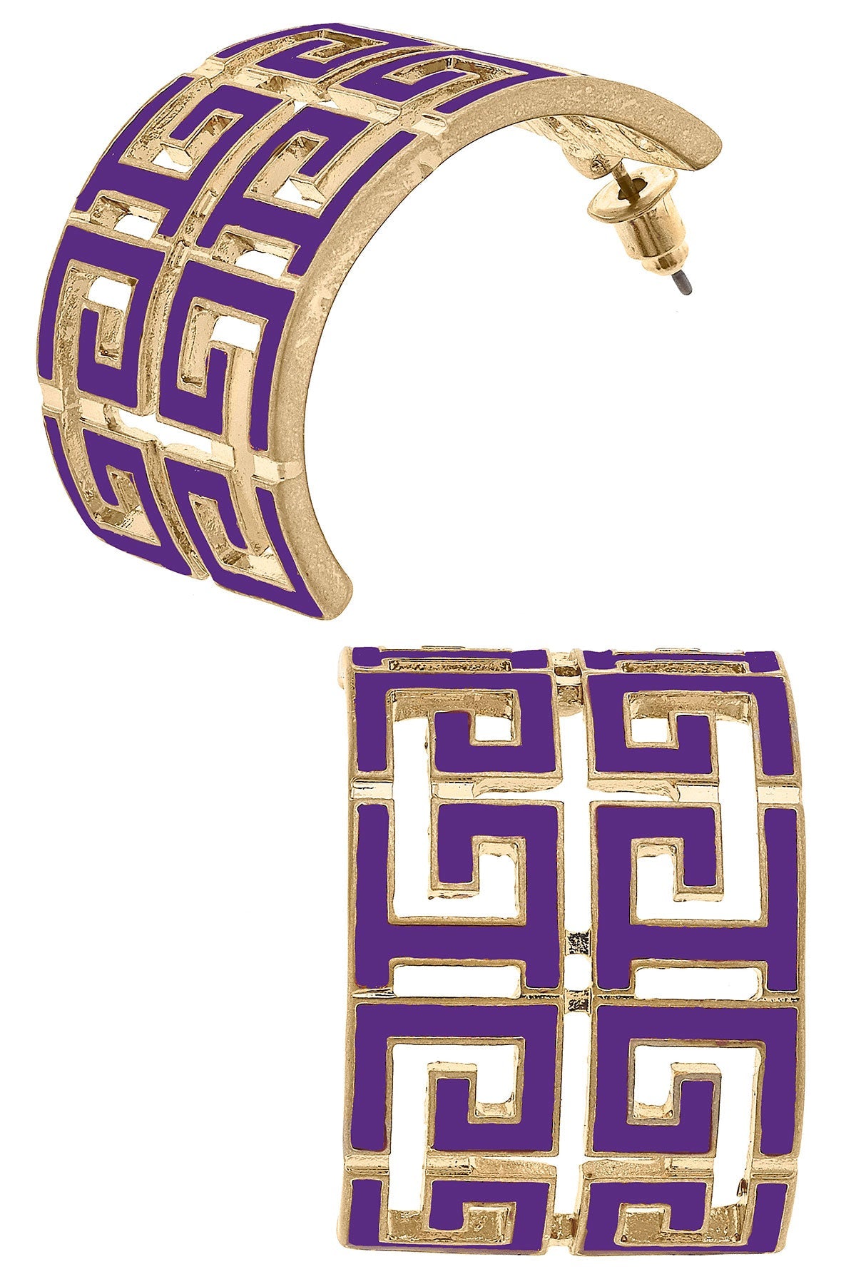 Brennan Game Day Greek Keys Enamel Hoop Earrings in Purple