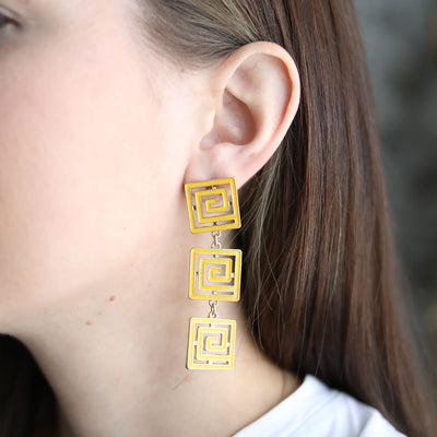 Gretchen Game Day Greek Keys Linked Enamel Earrings in Yellow