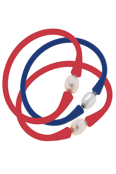 Bali Game Day Freshwater Pearl Bracelet Set of 3 in Red & Royal Blue