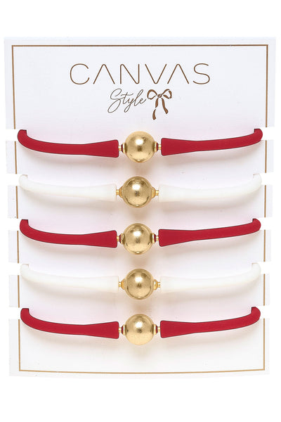 Bali Game Day 24K Gold Bracelet Set of 5 in Crimson & White