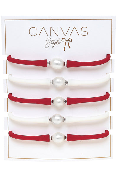 Bali Game Day Freshwater Pearl Bracelet Set of 5 in Crimson & White