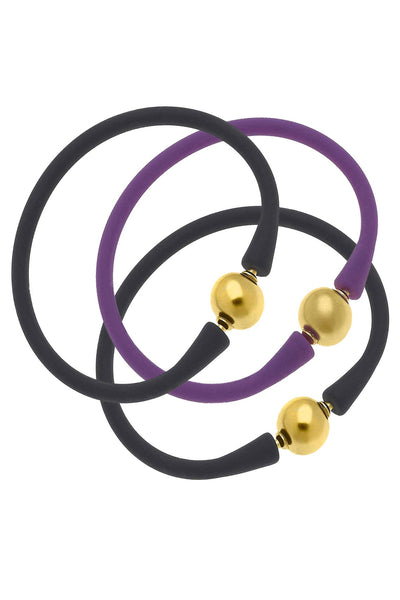 Bali 24K Gold Silicone Bracelet Stack of 3 in Black & Purple