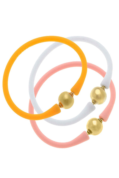 Bali 24K Gold Silicone Bracelet Stack of 3 in Cantaloupe, White & Light Pink