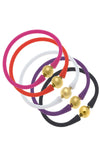 Bali 24K Gold Silicone Bracelet Stack of 5 in Magenta, Orange, White, Purple & Black